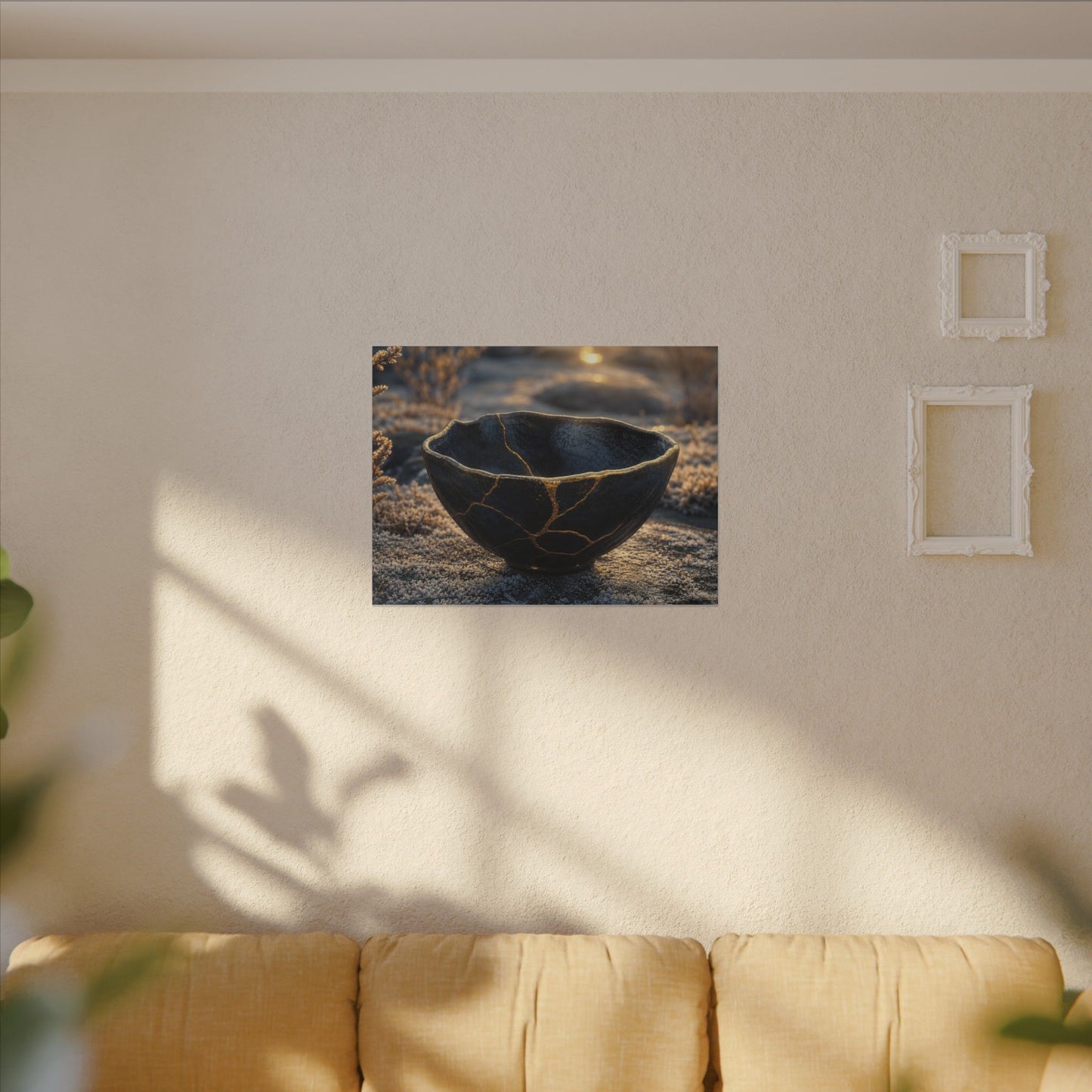 Ceramic Bowl Canvas Art | Winter Kintsugi Gold Repair Art