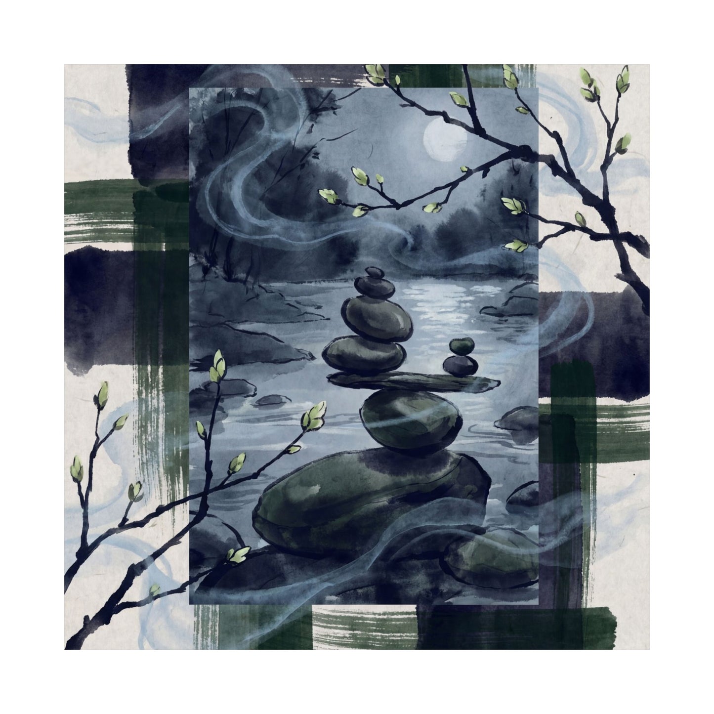 River Stones Wall Art Print | Spring Zen Sumi E Art