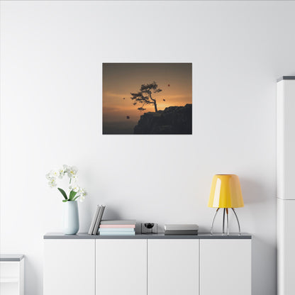 Dark Japandi Pine Tree in Golden Hour | Moody Minimal Canvas Art