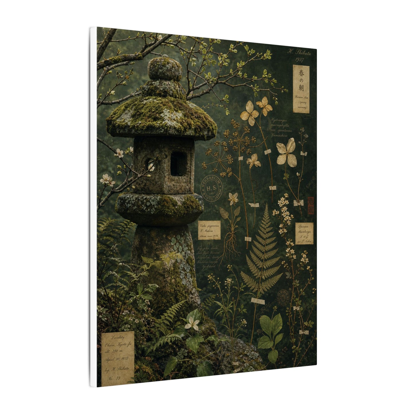 Spring Stone Lantern Herbarium Canvas Art | Nostalgic Decor