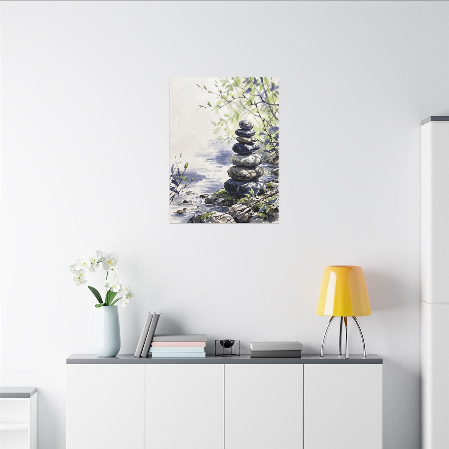 River Stones Sumi E Canvas Art | Serene Zen Art