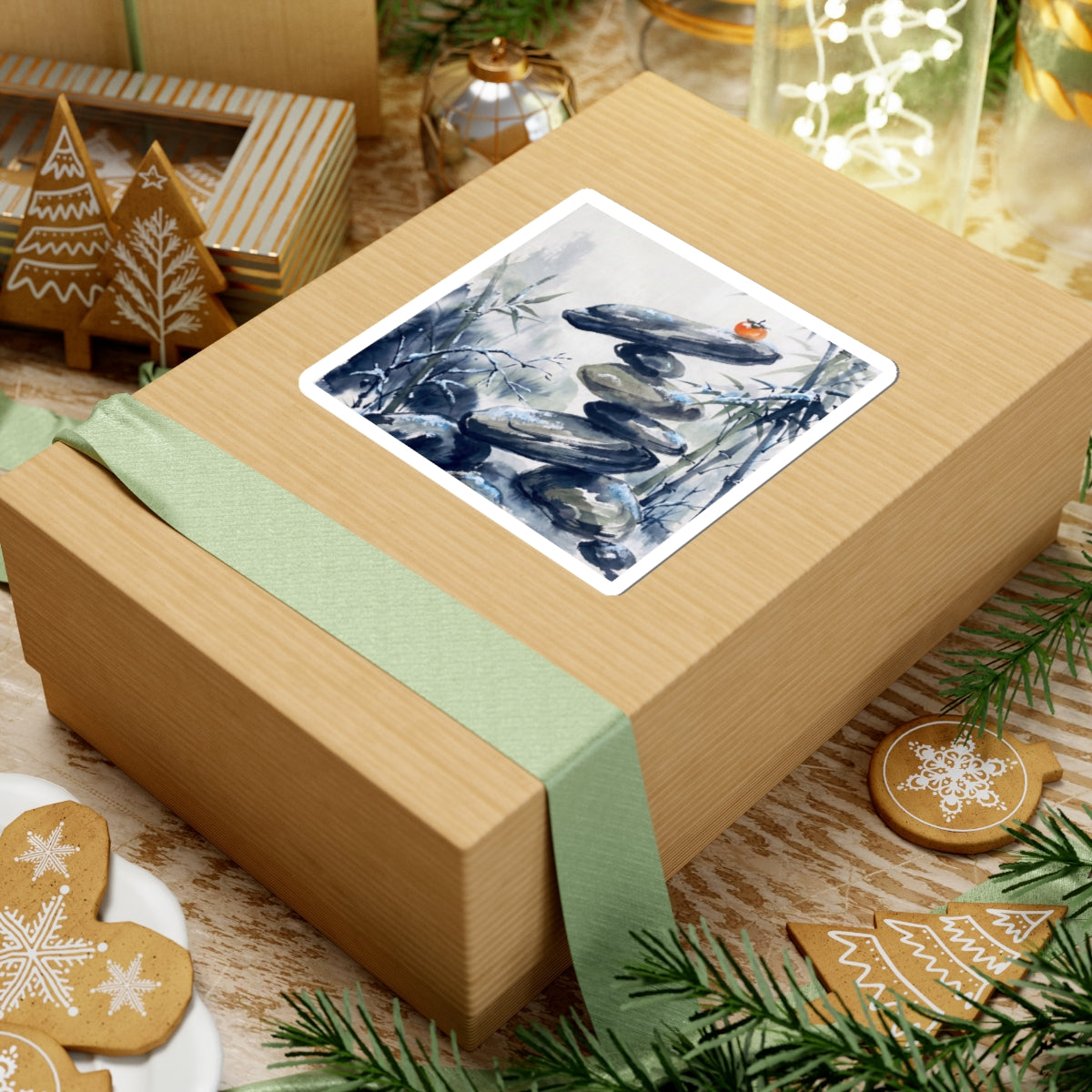 Zen River Stones in Moonlight | Sumi E Sticker Art Print