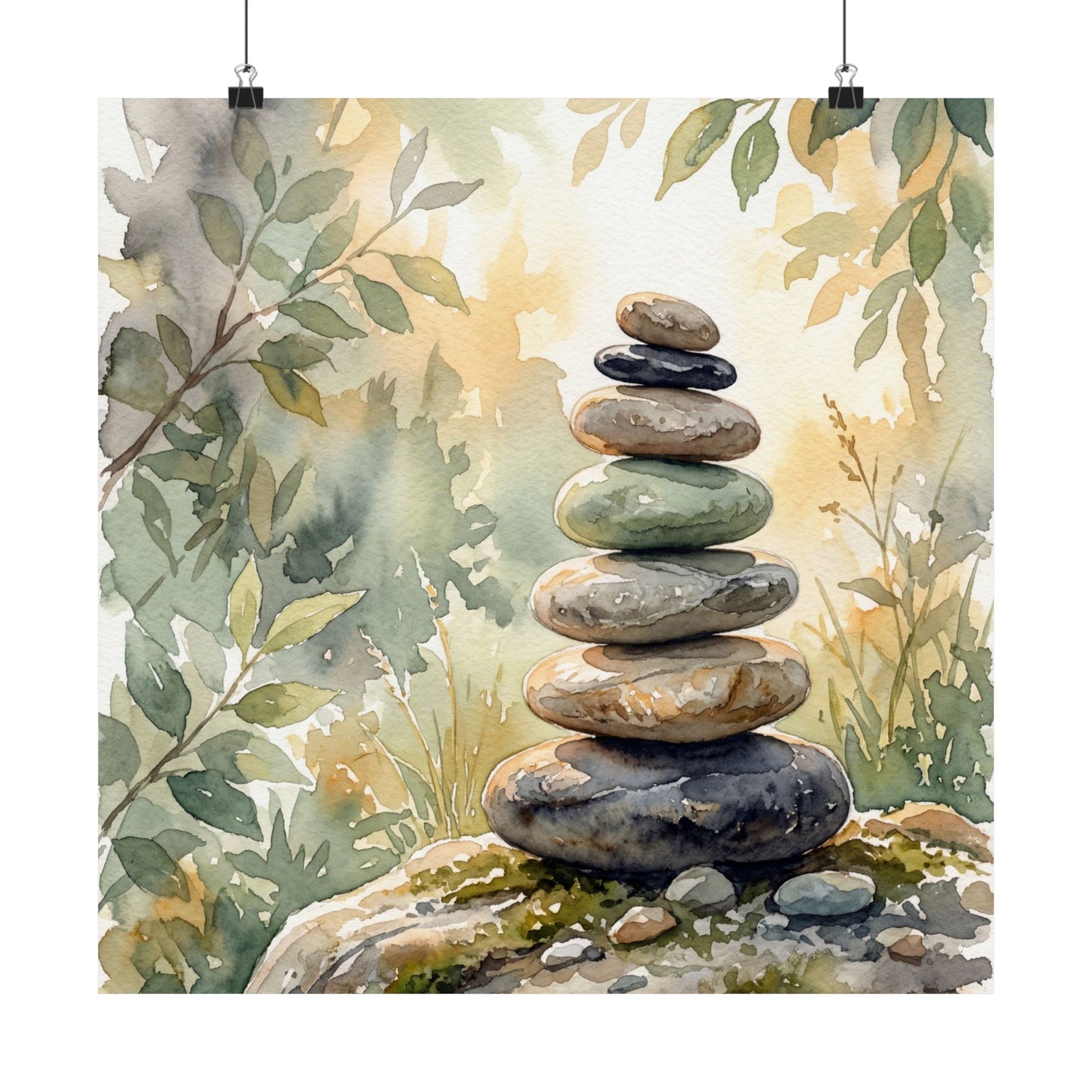 River Stones Wall Art Print | Summer Japandi Watercolor Art