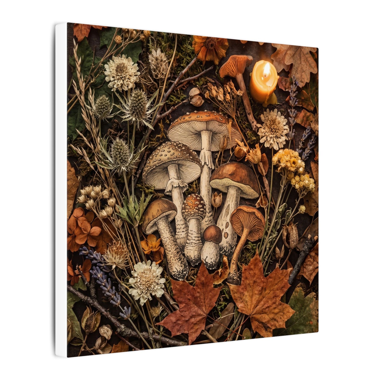 Autumn Dried Flowers Mushroom Illustration Canvas Art | Earthy Decor
