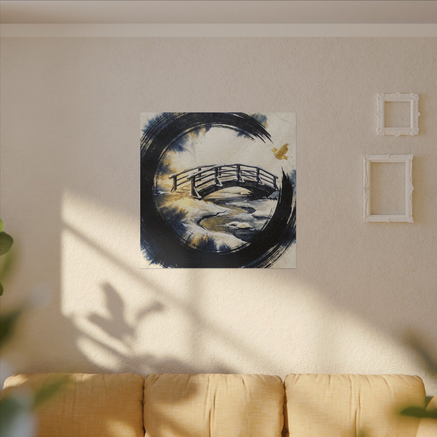 Winter Wooden Bridge Enso Canvas Art | Serene Decor
