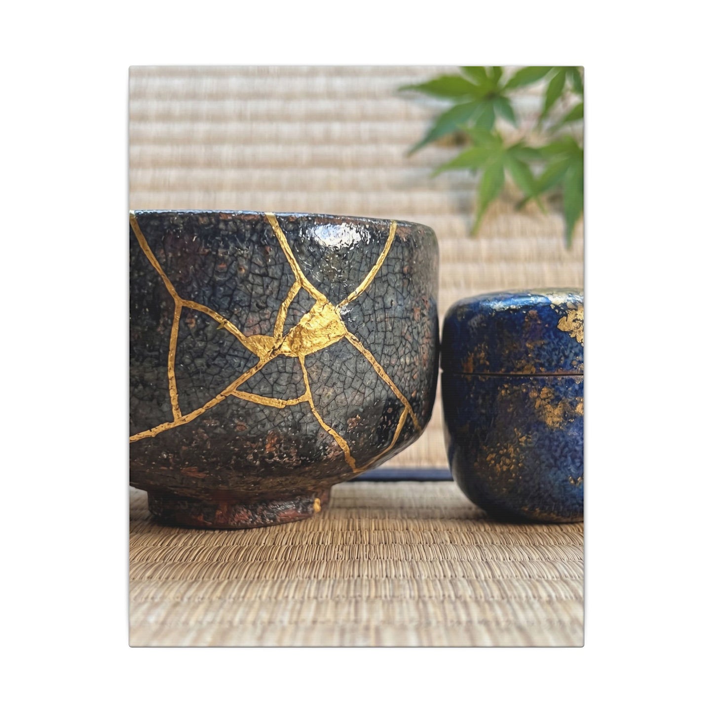 Tea Ceremony Crackle Gold Canvas Art | Philosophical Kintsugi Art