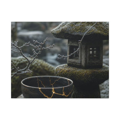 Stone Lantern Canvas Art | Winter Kintsugi Gold Repair Art
