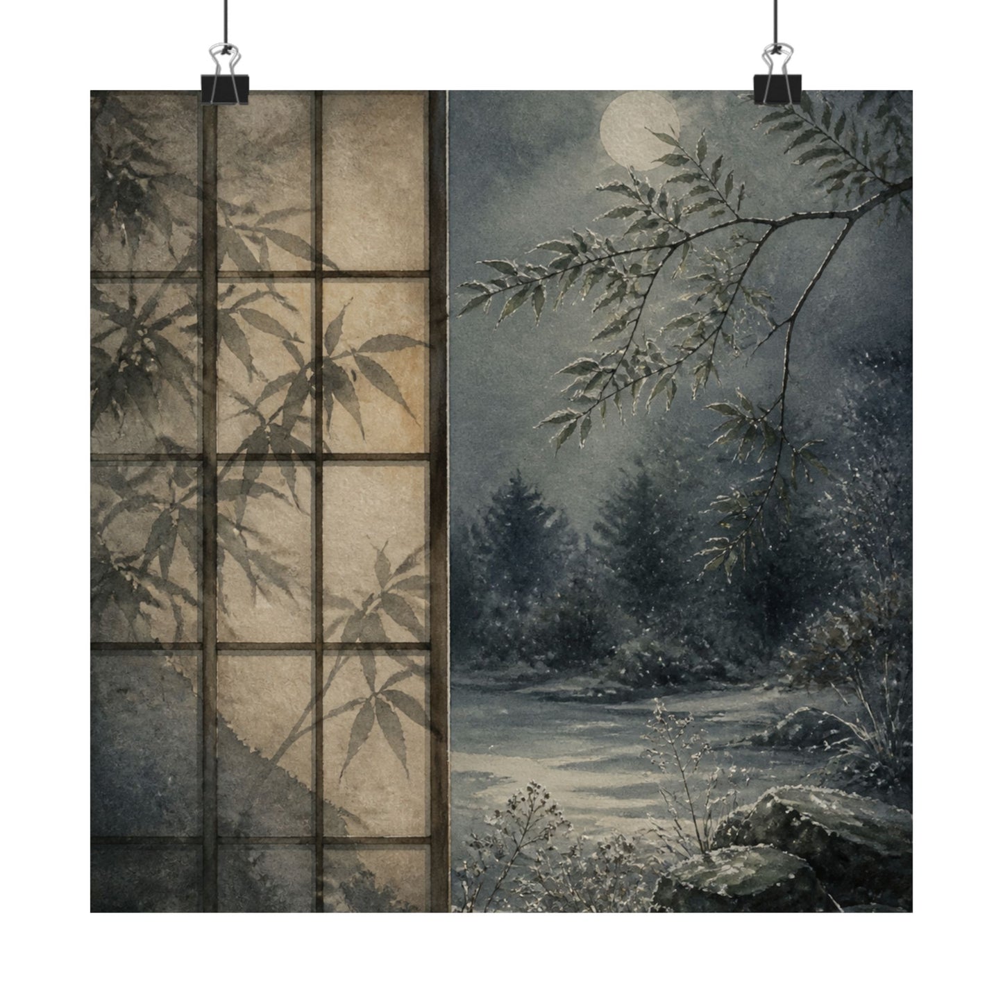 Winter Shoji Screen Watercolor Wall Art Print | Elegant Decor
