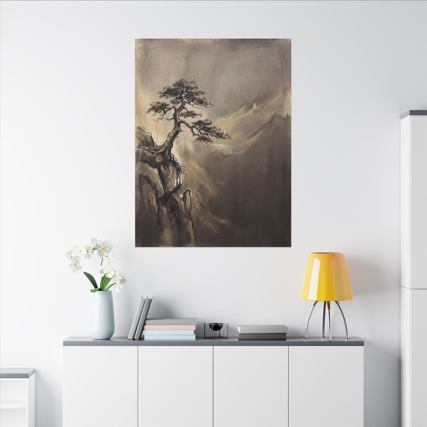 Pine Tree Charcoal Ink Canvas Art | Luxurious Dark Japandi Art