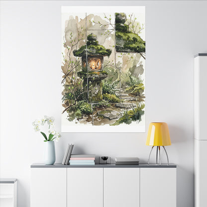 Stone Lantern Watercolor Canvas Art | Elegant Japandi Art