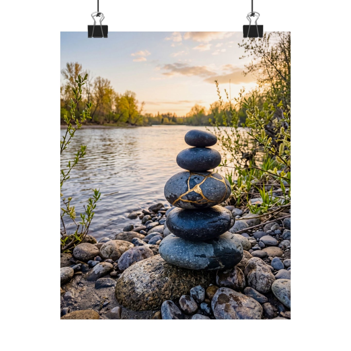 Beautiful River Stones Wall Art Print - Gold Vein Kintsugi