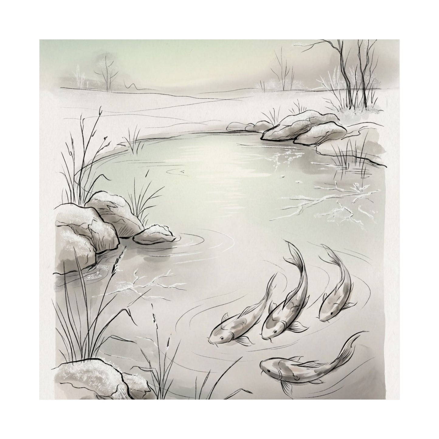 Japandi Koi Pond in Dawn | Minimal Line Wall Art Print
