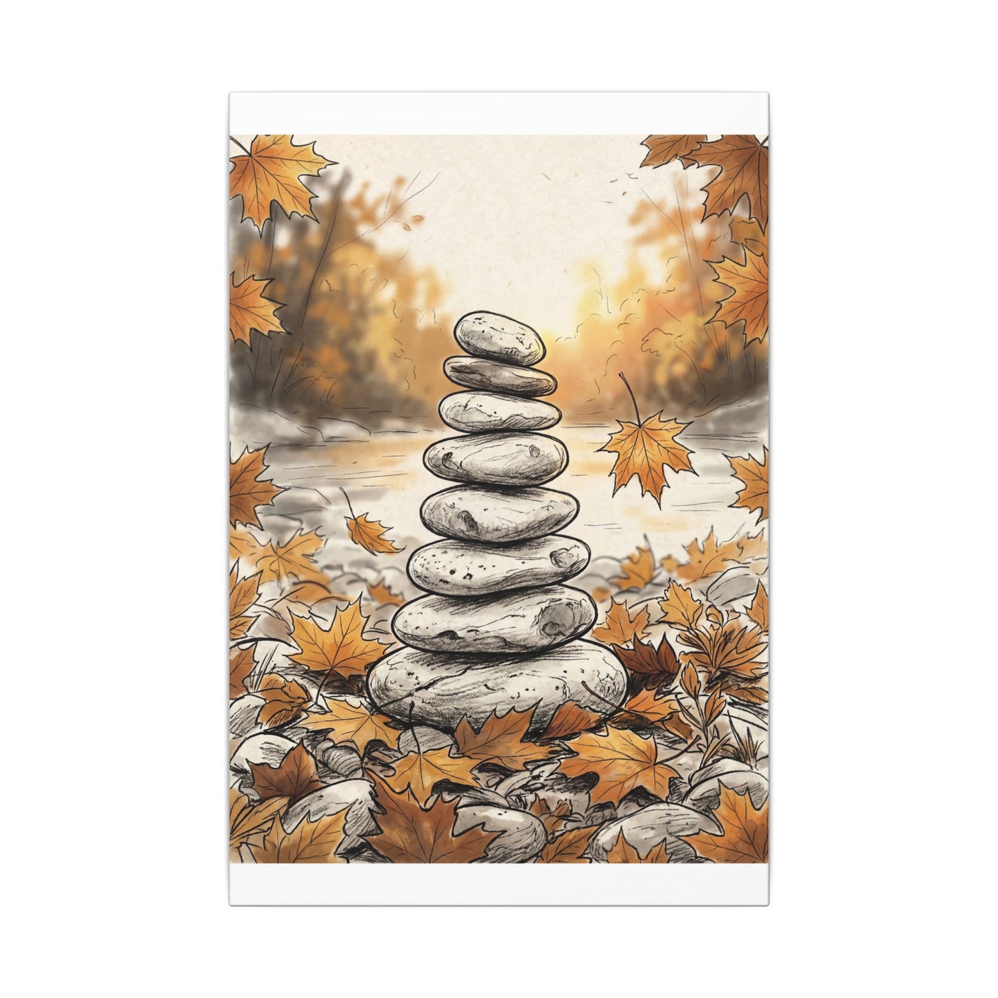 Earthy River Stones Canvas Art - Minimal Line Japandi