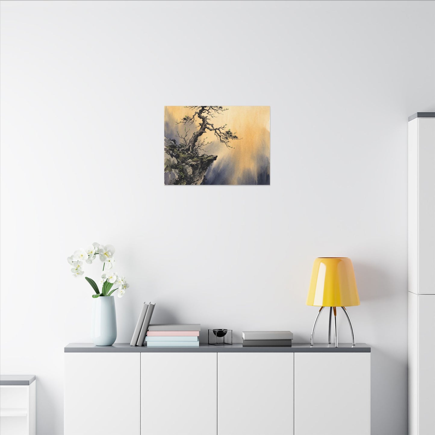 Zen Pine Tree in Golden Hour | Sumi E Canvas Art