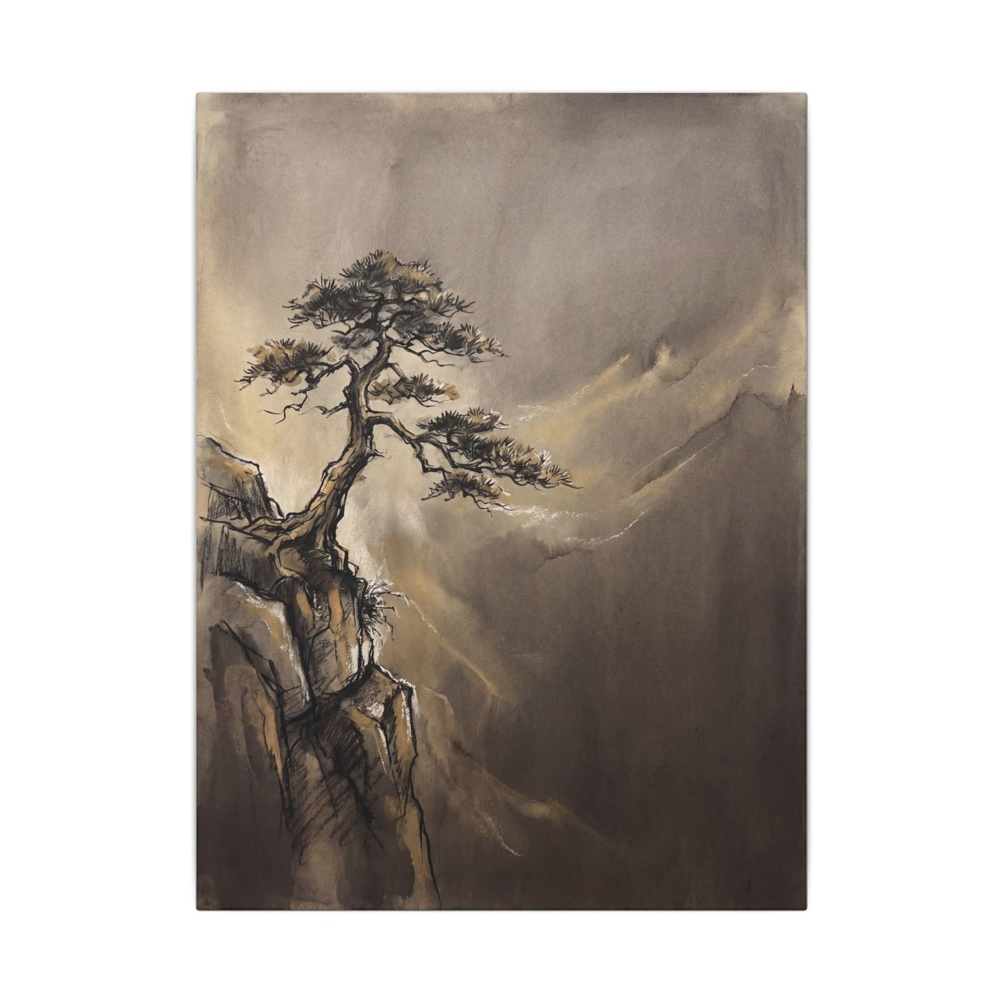 Pine Tree Charcoal Ink Canvas Art | Luxurious Dark Japandi Art