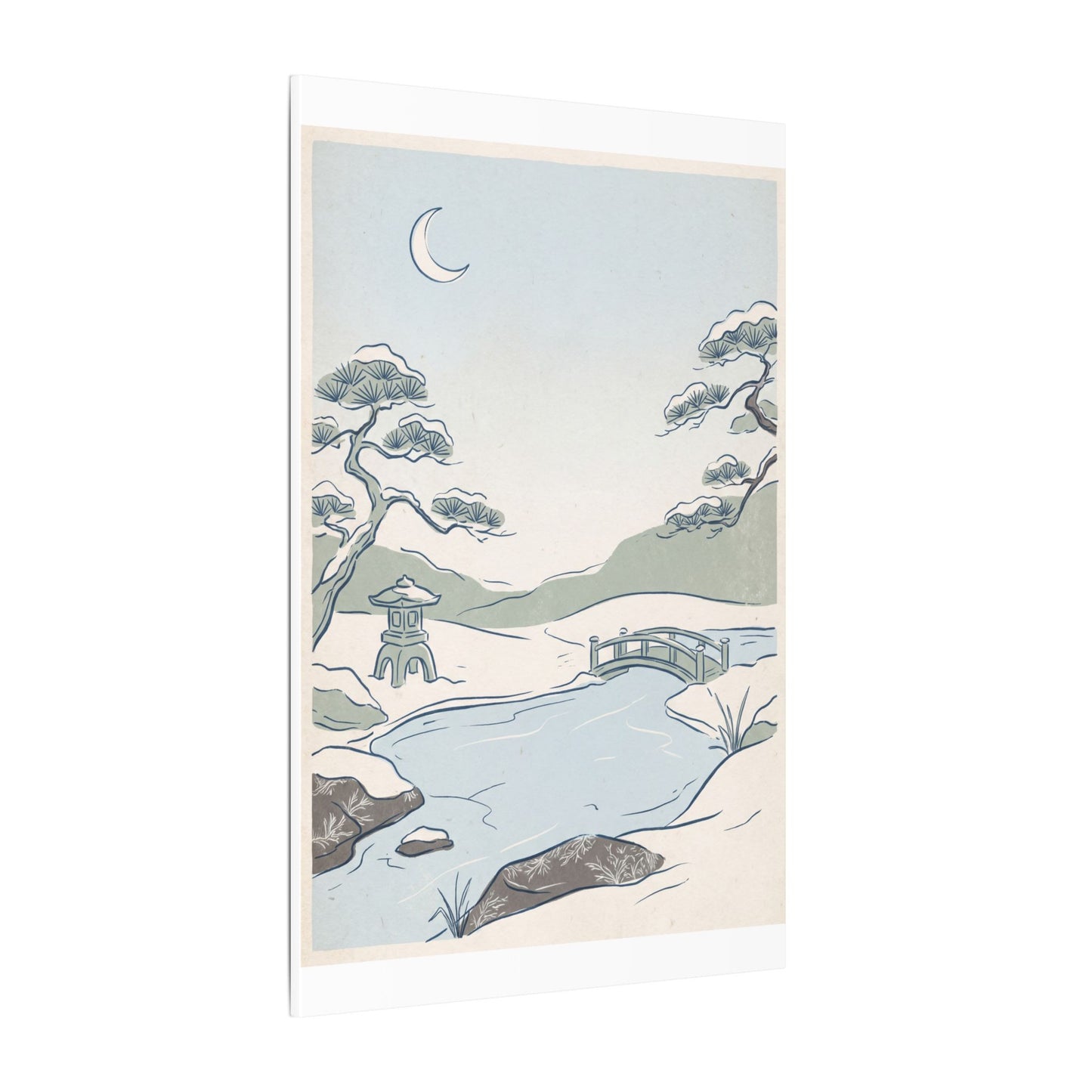 Japandi Moonlit Garden in Moonlight | Minimal Line Canvas Art