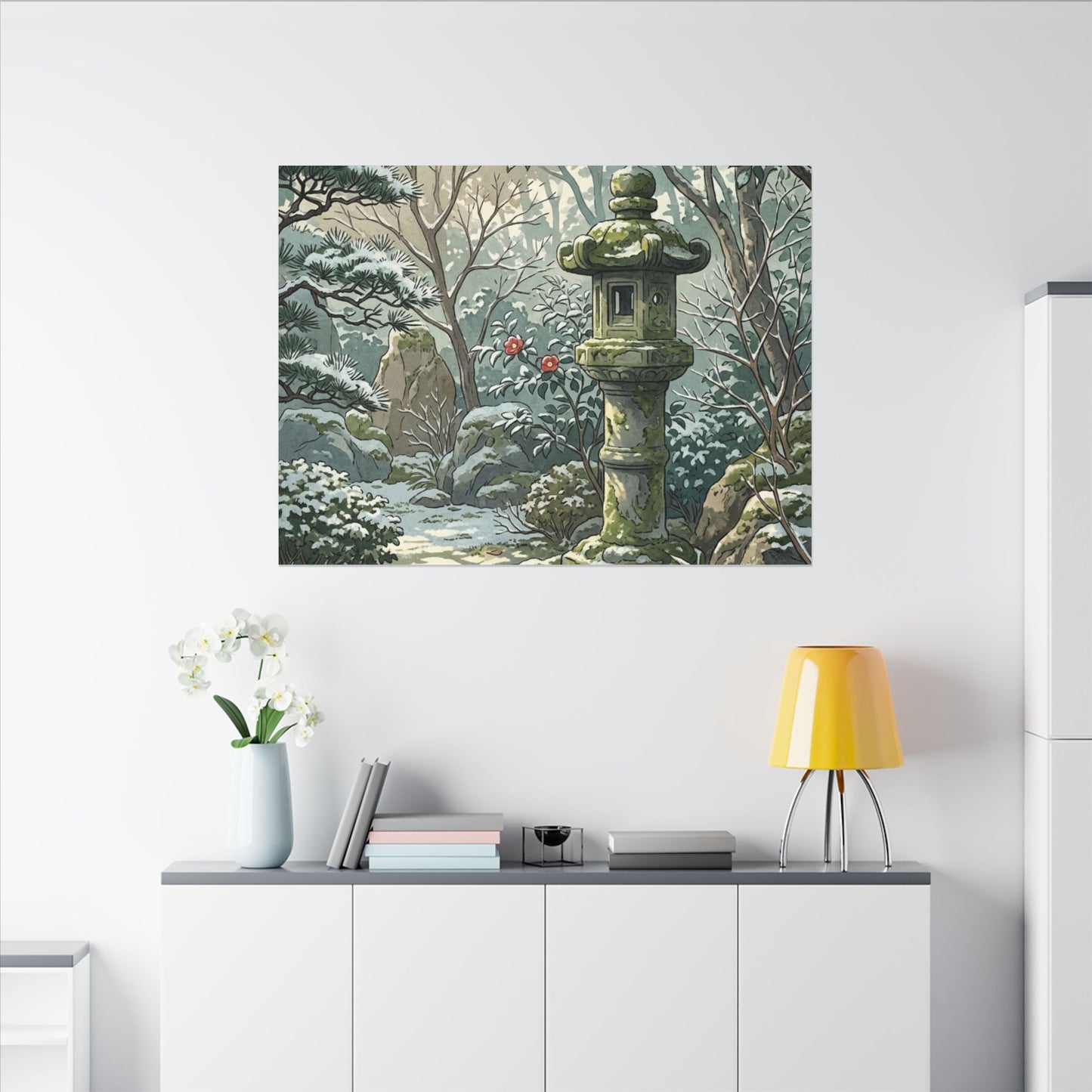 Stone Lantern Winter Canvas Art | Japandi Warm Design