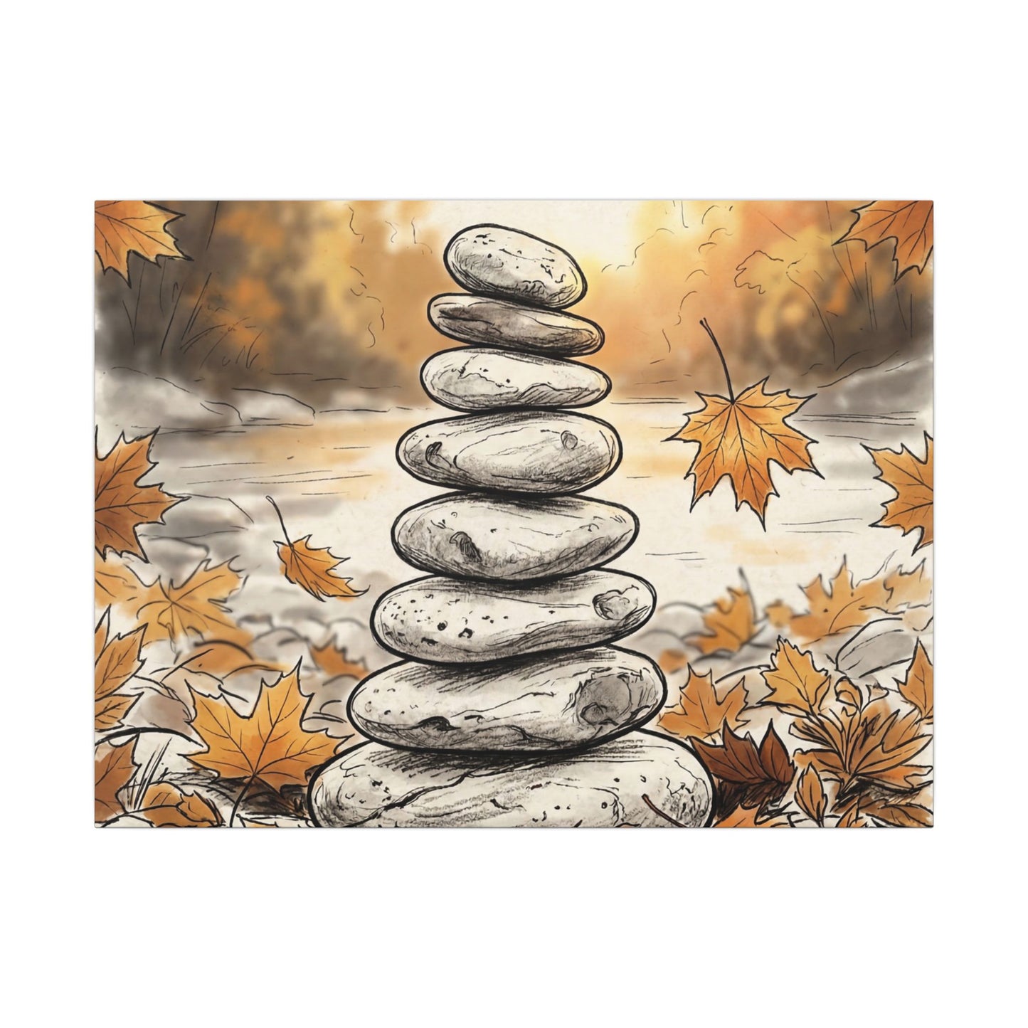 Earthy River Stones Canvas Art - Minimal Line Japandi Art Print