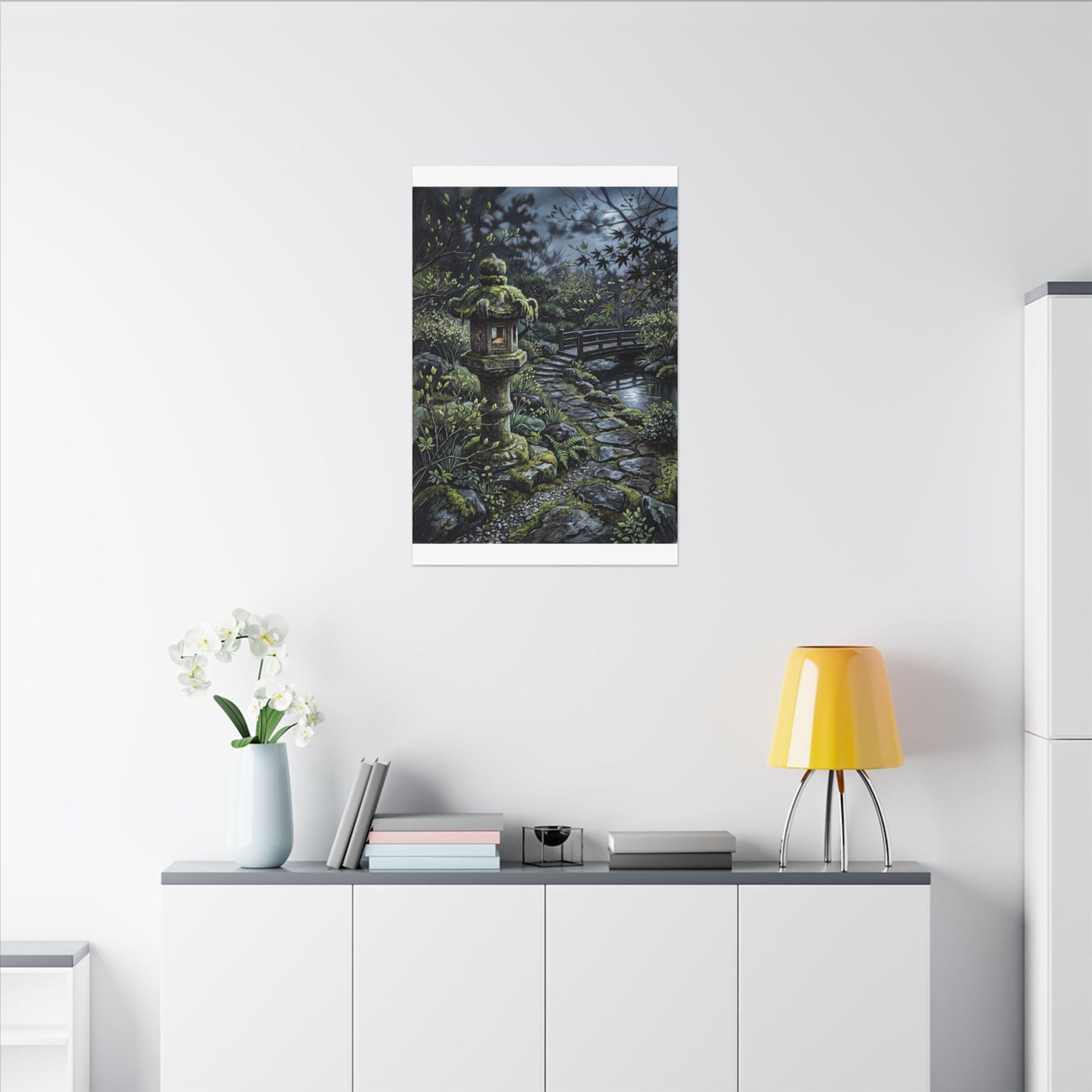 Japandi Stone Lantern in Moonlight | Texture Canvas Art