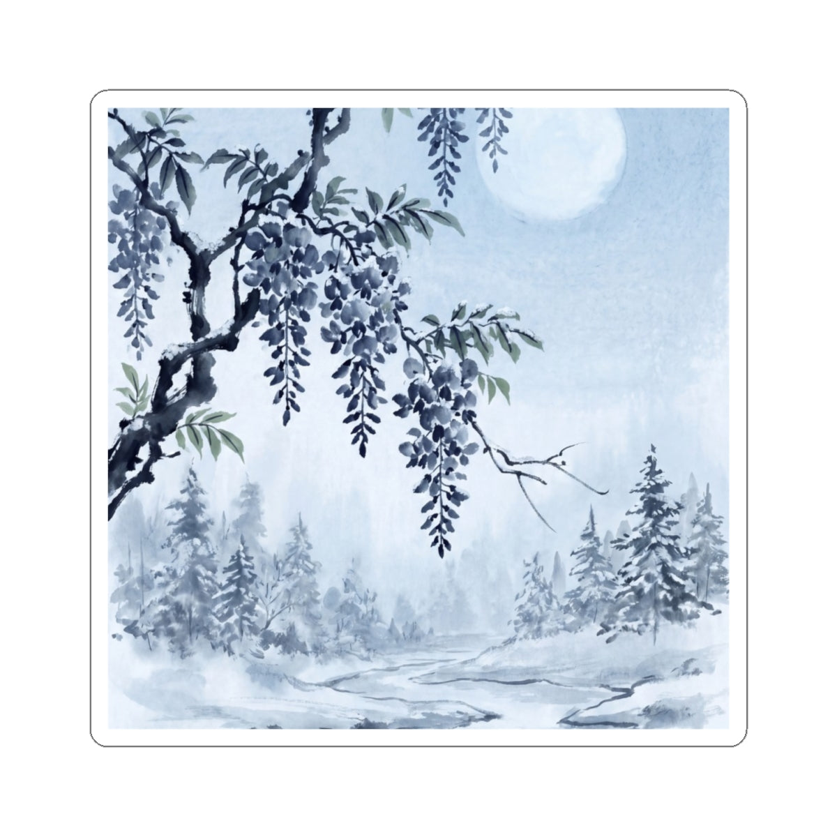 Zen Wisteria in Moonlight | Sumi E Sticker Art Print