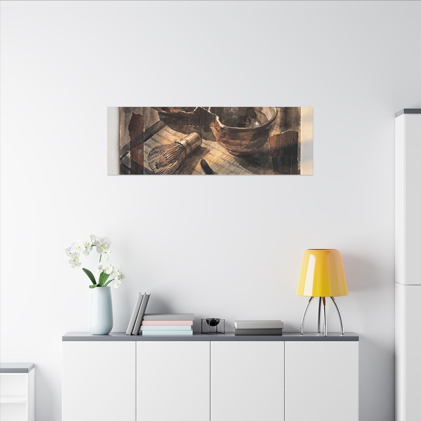 Tea Ceremony Charcoal Ink Canvas Art | Luxurious Dark Japandi Art