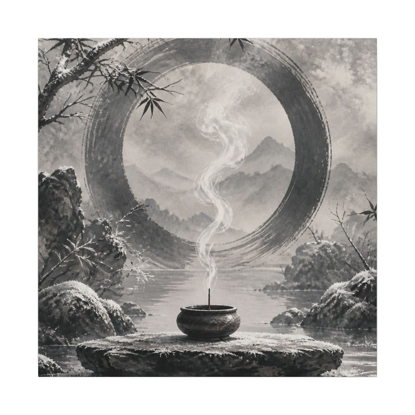 Incense Smoke Canvas Art | Winter Zen Sumi E Art