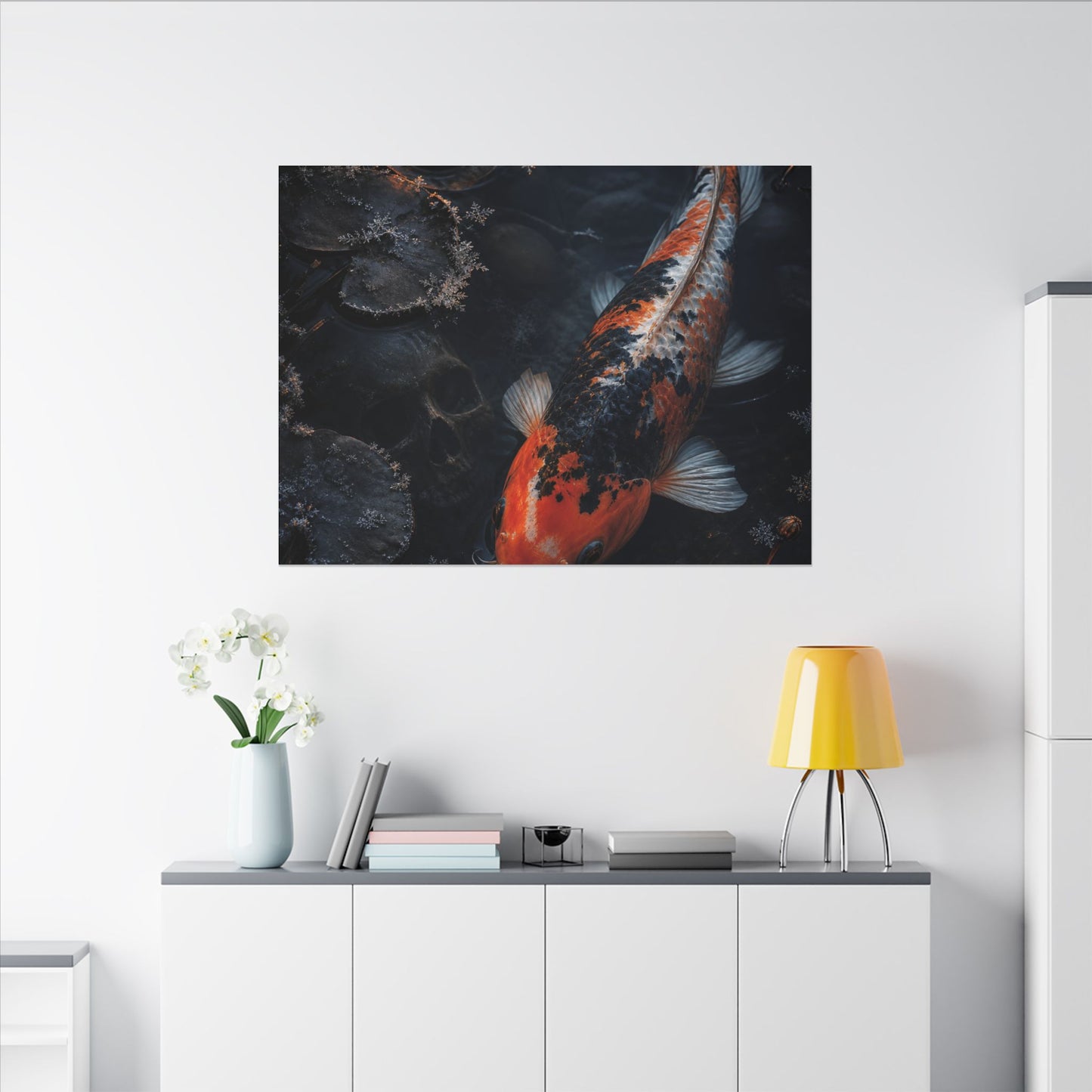 Koi Pond Canvas Art | Winter Dark Japandi Shadow Zen Art