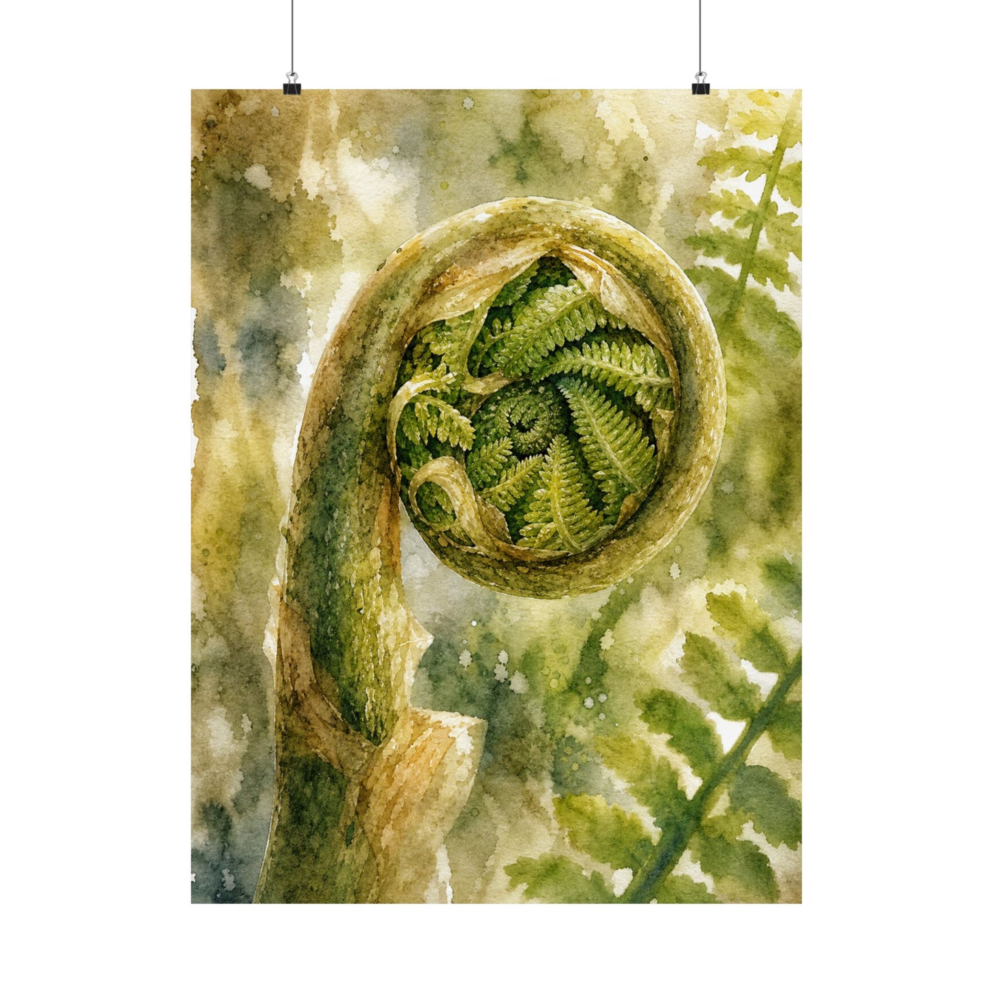 Elegant Fern Unfurling Wall Art Print - Watercolor Japandi