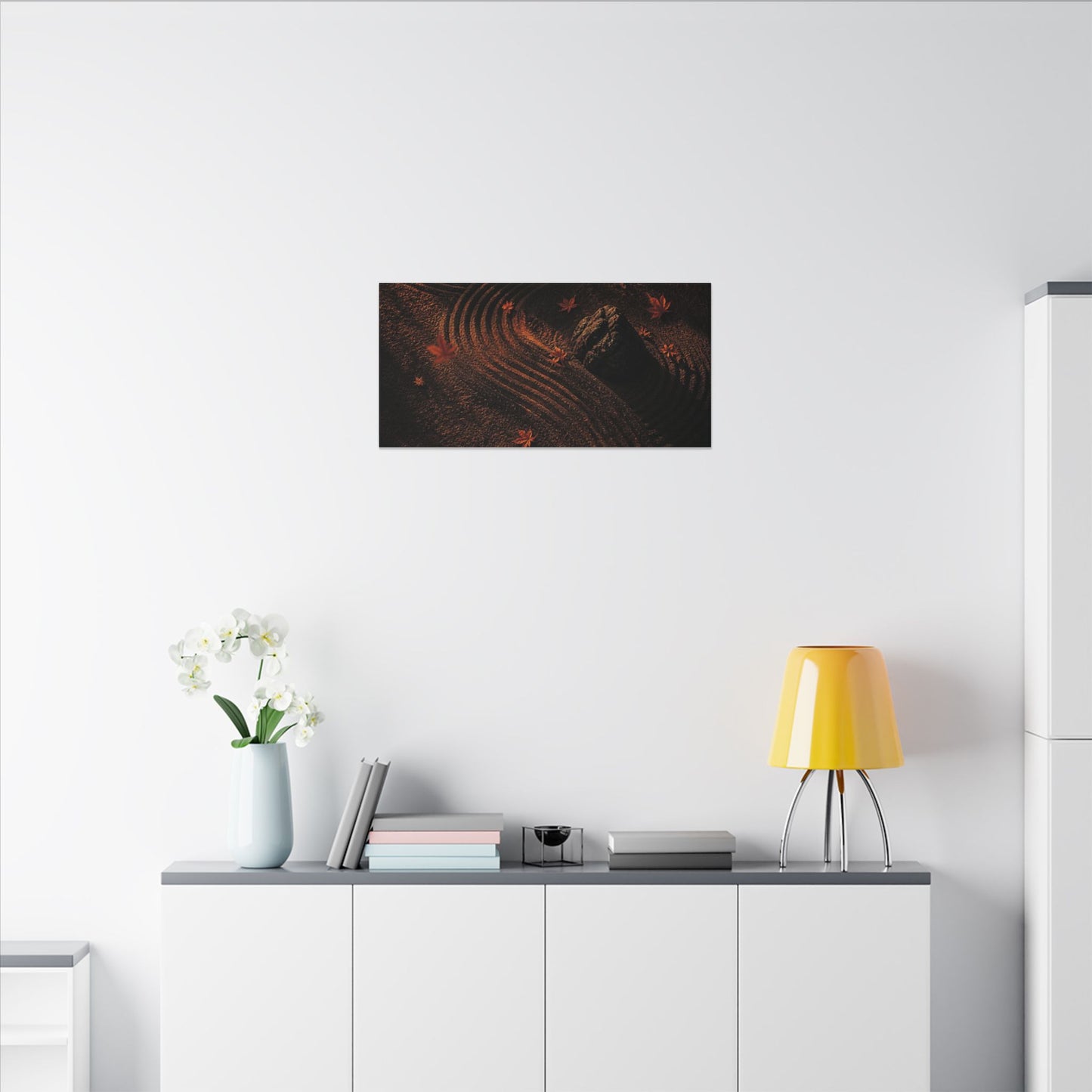 Dark Japandi Rock Garden in Golden Hour | Charcoal Ink Canvas Art