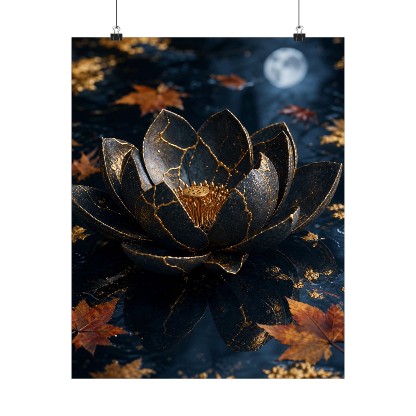 Kintsugi Lotus Flower in Moonlight | Gold Repair Wall Art Print