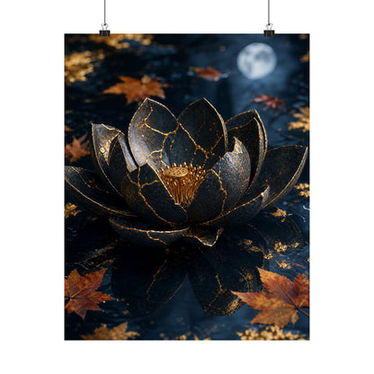 Kintsugi Lotus Flower in Moonlight | Gold Repair Wall Art Print