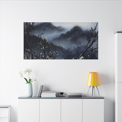 Mountain Mist Spring Canvas Art | Dark Japandi Atmospheric Design