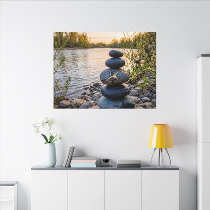 Kintsugi River Stones in Golden Hour | Gold Vein Canvas Art