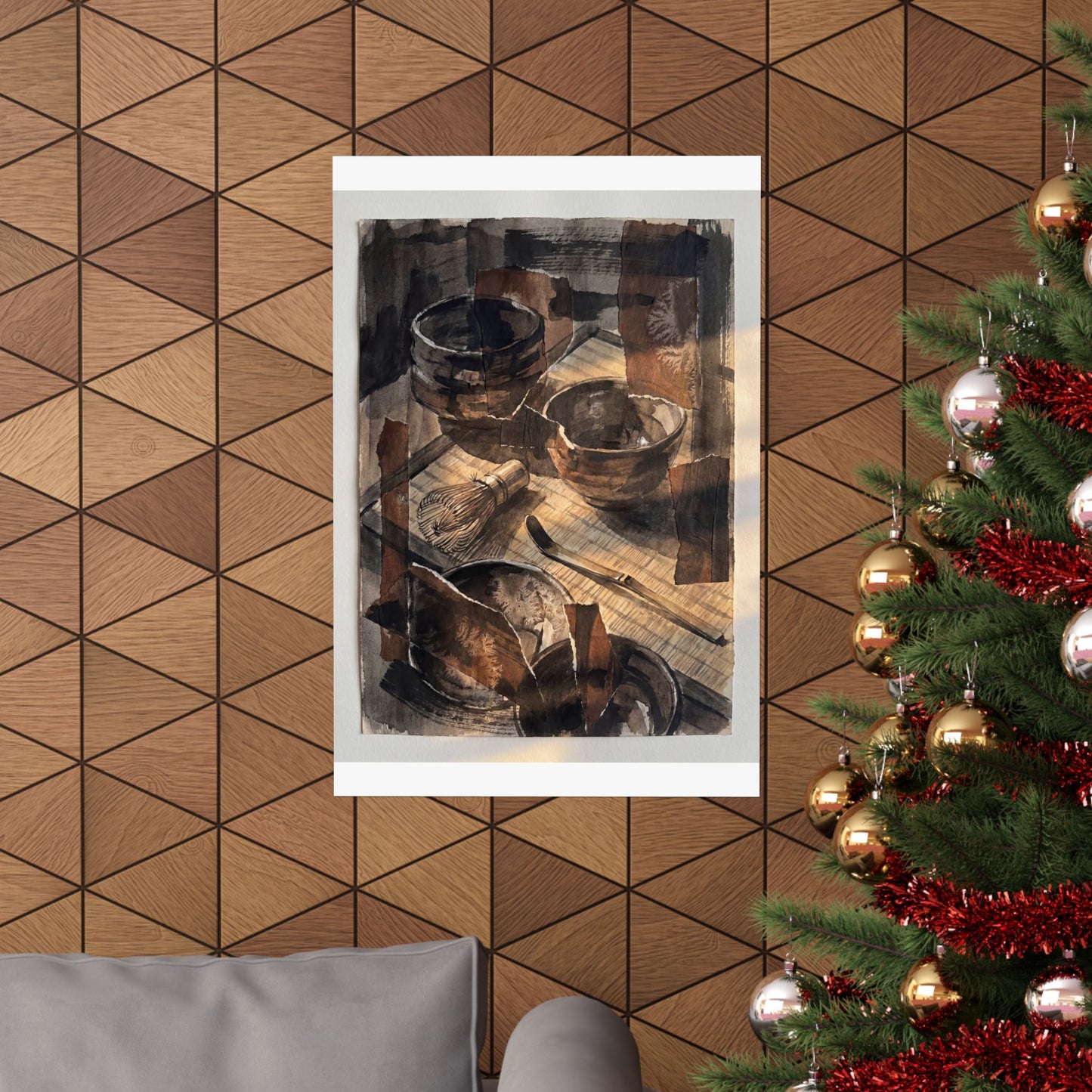 Dark Japandi Tea Ceremony in Golden Hour | Charcoal Ink Wall Art Print