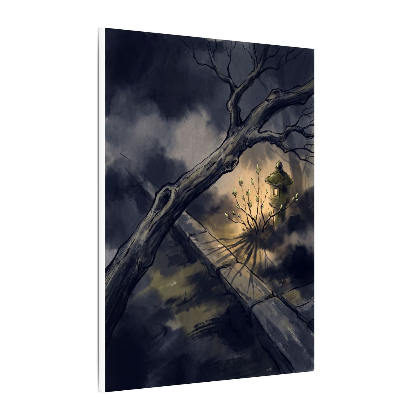 Dark Japandi Moonlit Garden in Golden Hour | Charcoal Ink Canvas Art
