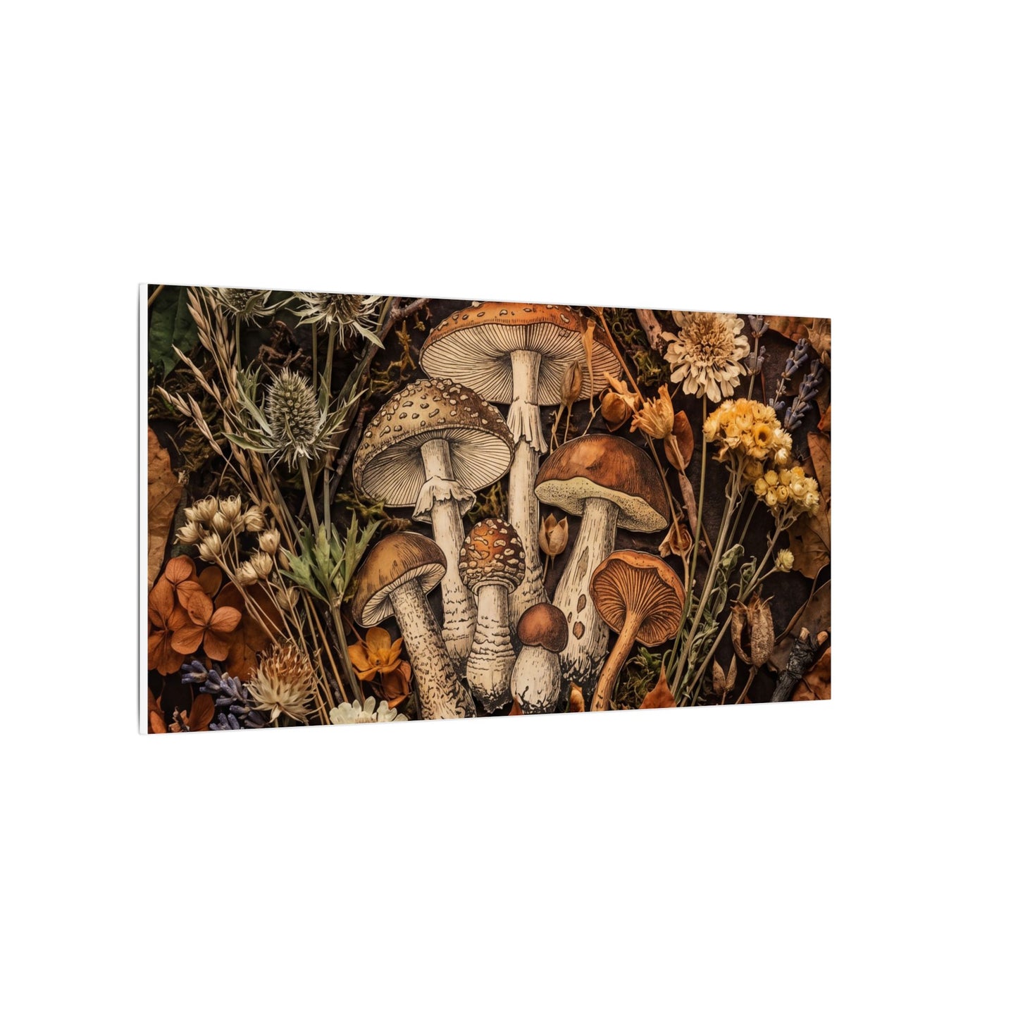 Autumn Dried Flowers Mushroom Illustration Canvas Art | Earthy Decor