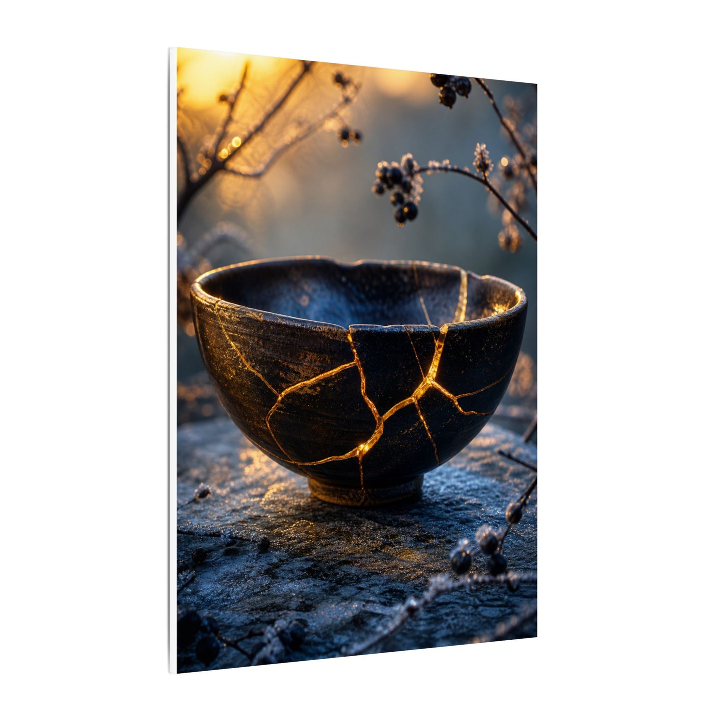 Ceramic Bowl Canvas Art | Winter Kintsugi Gold Repair Art