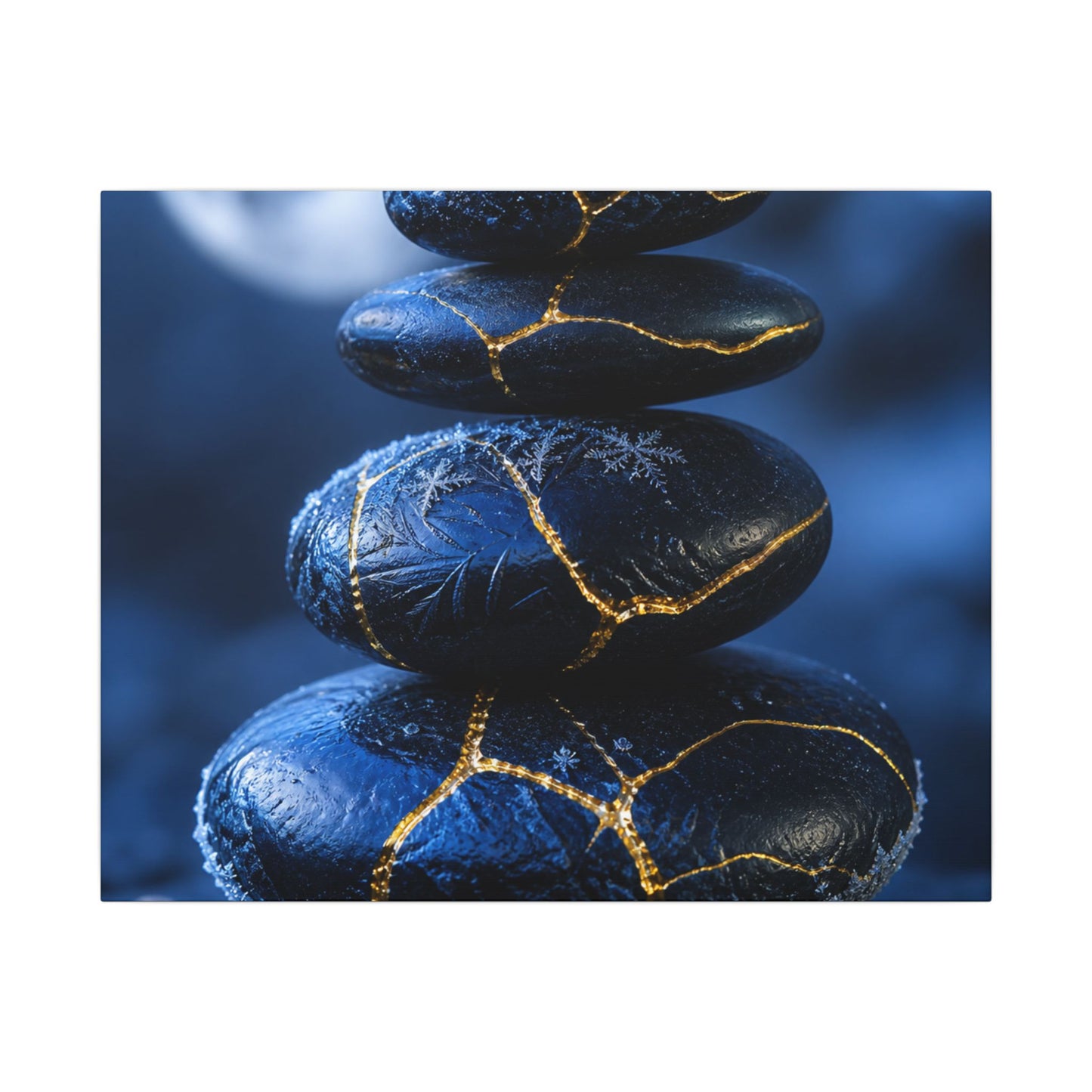 River Stones Canvas Art | Winter Kintsugi Gold Repair Art