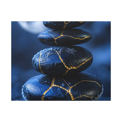 River Stones Canvas Art | Winter Kintsugi Gold Repair Art