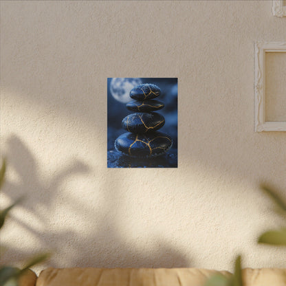 River Stones Canvas Art | Winter Kintsugi Gold Repair Art