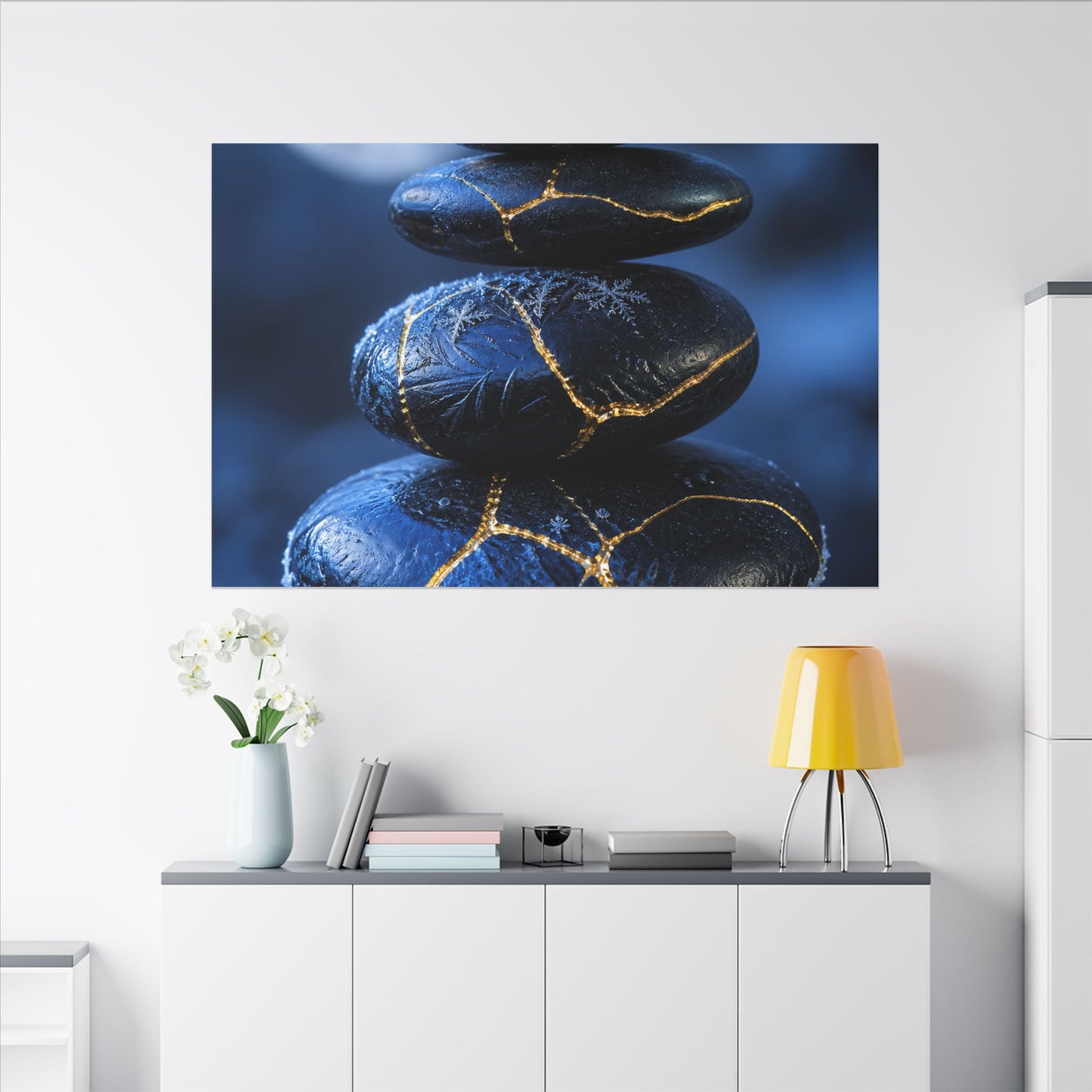 River Stones Canvas Art | Winter Kintsugi Gold Repair Art