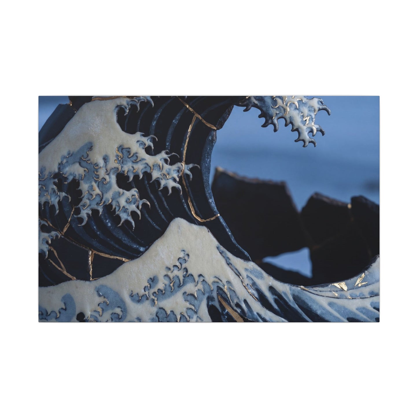 Ocean Wave Canvas Art | Winter Kintsugi Gold Repair Art