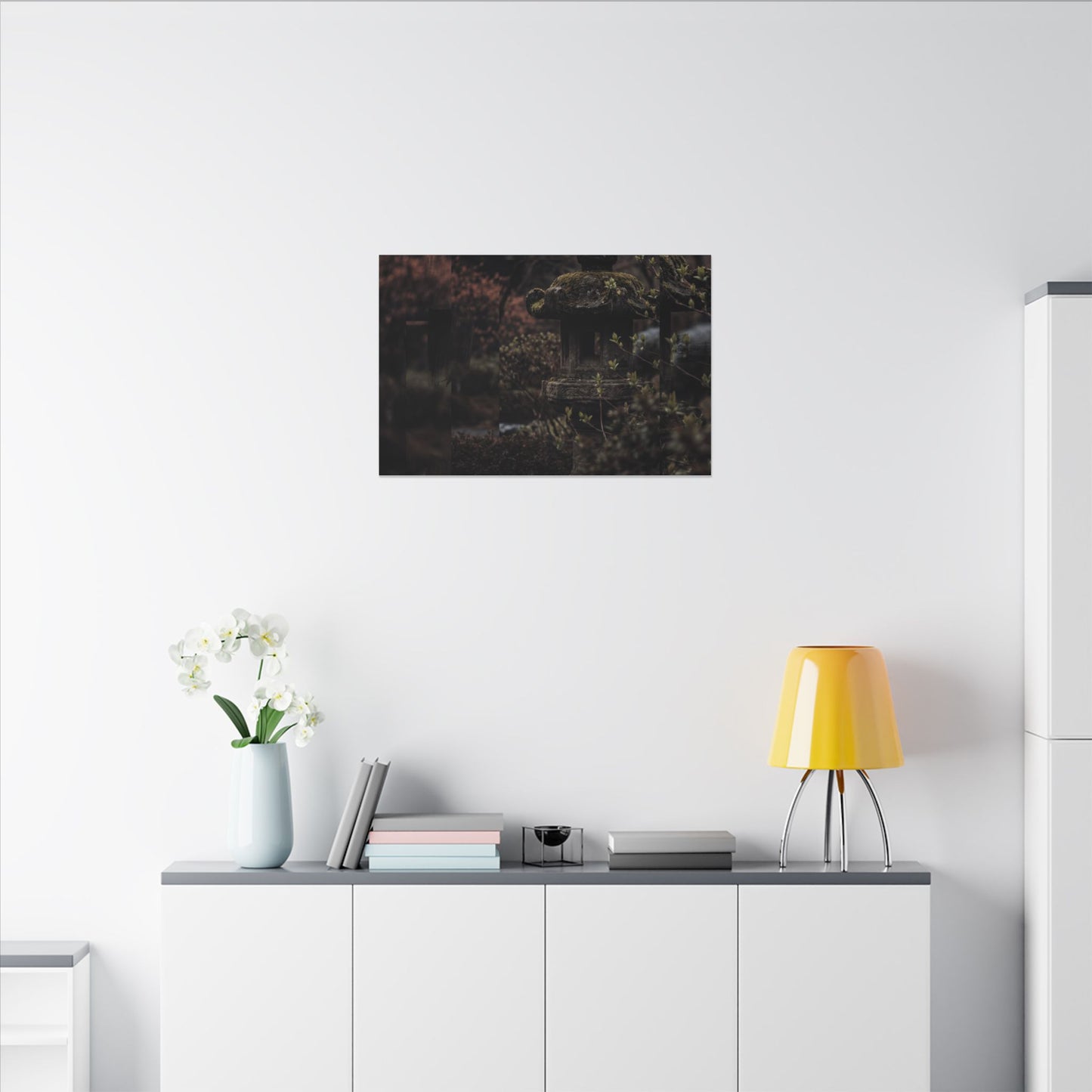 Stone Lantern Spring Canvas Art | Dark Japandi Bold Design
