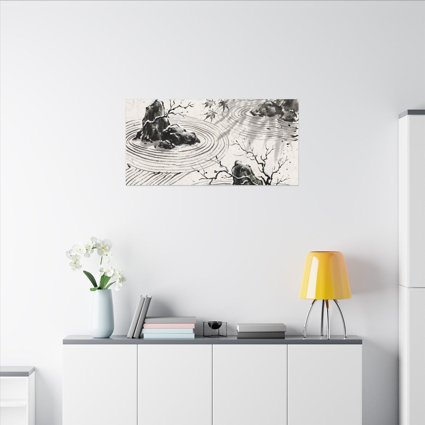 Rock Garden Canvas Art | Winter Zen Sumi E Art