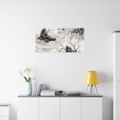 Rock Garden Canvas Art | Winter Zen Sumi E Art