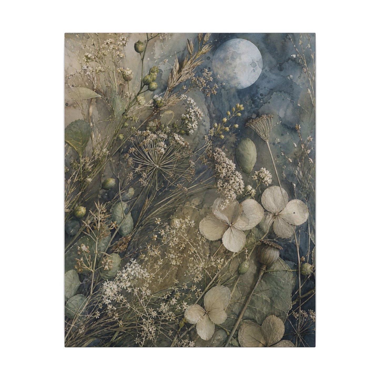 Japandi Dried Flowers in Moonlight | Watercolor Canvas Art