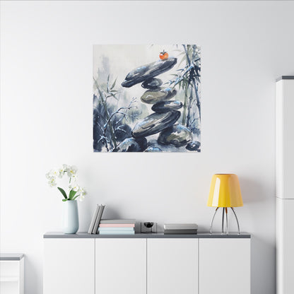 Zen River Stones in Moonlight | Sumi E Canvas Art