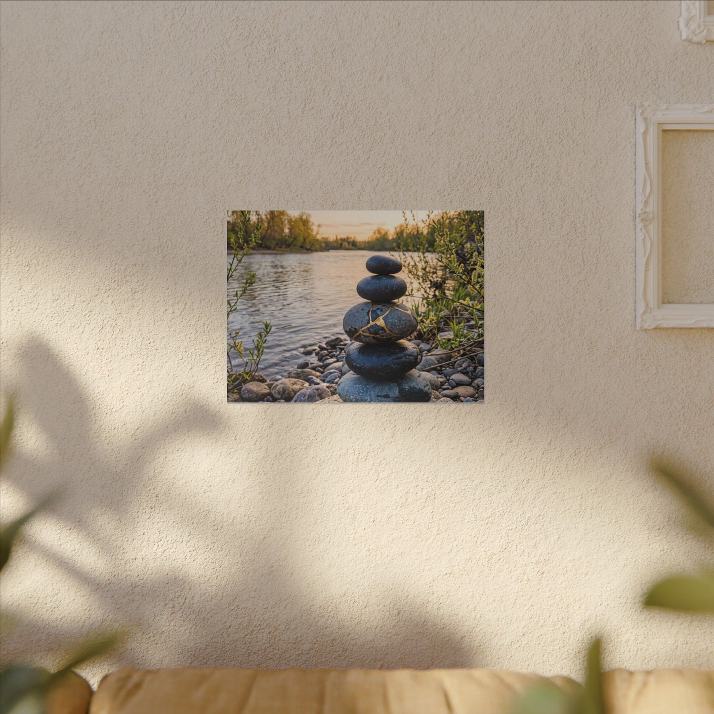 Kintsugi River Stones in Golden Hour | Gold Vein Canvas Art
