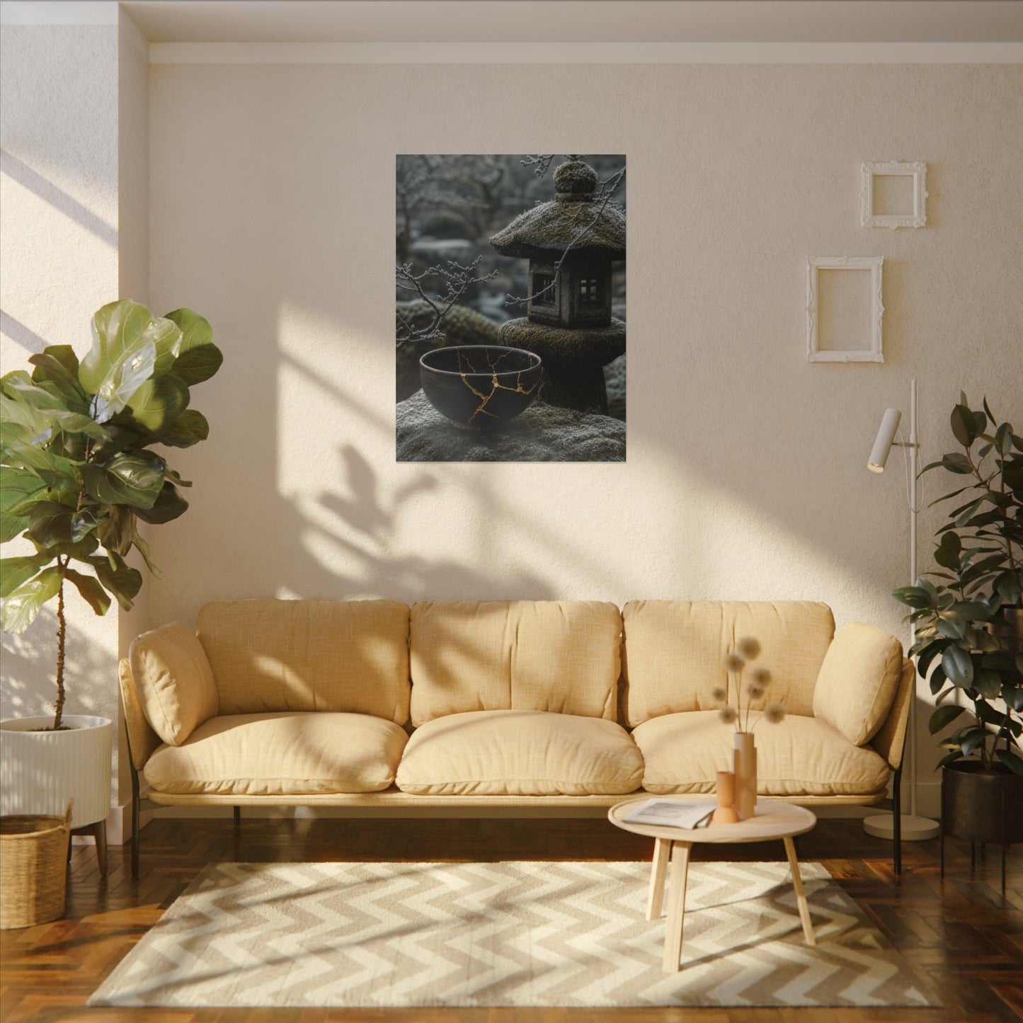 Stone Lantern Canvas Art | Winter Kintsugi Gold Repair Art