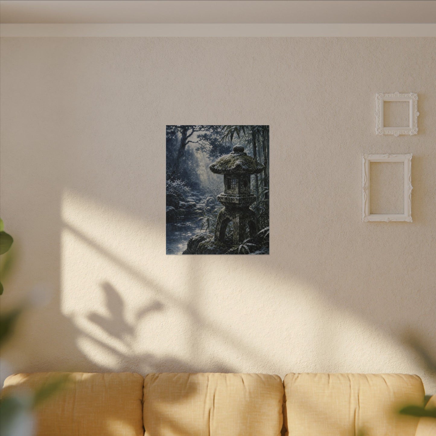 Zen Stone Lantern in Dappled | Sumi E Canvas Art